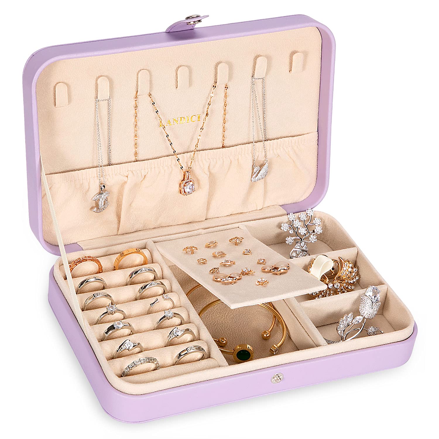 Photo 1 of LANDICI Small Jewelry Box for Women Girls, PU Leather Travel Jewelry Case, Portable Jewelry Organizer Storage Holder Display for Ring Earrings Necklace Bracelet Bangle Men Kids Gift, Lavender