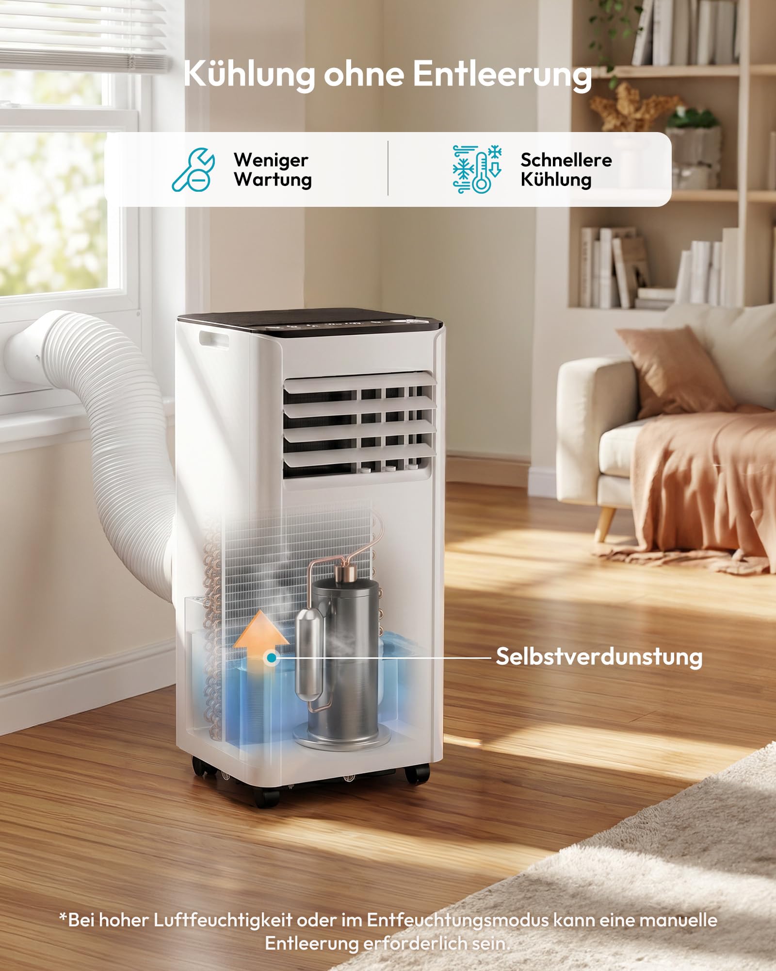 Mobile Klimaanlage 9000 BTU mit Abluftschlauch | 4-in-1 Mobiles Klimagerät | Leiser Betrieb | Digitaldisplay + Fernbedienung | Fenster-Installationsset | 24h-Timer | Für Räume bis 25 m² 7