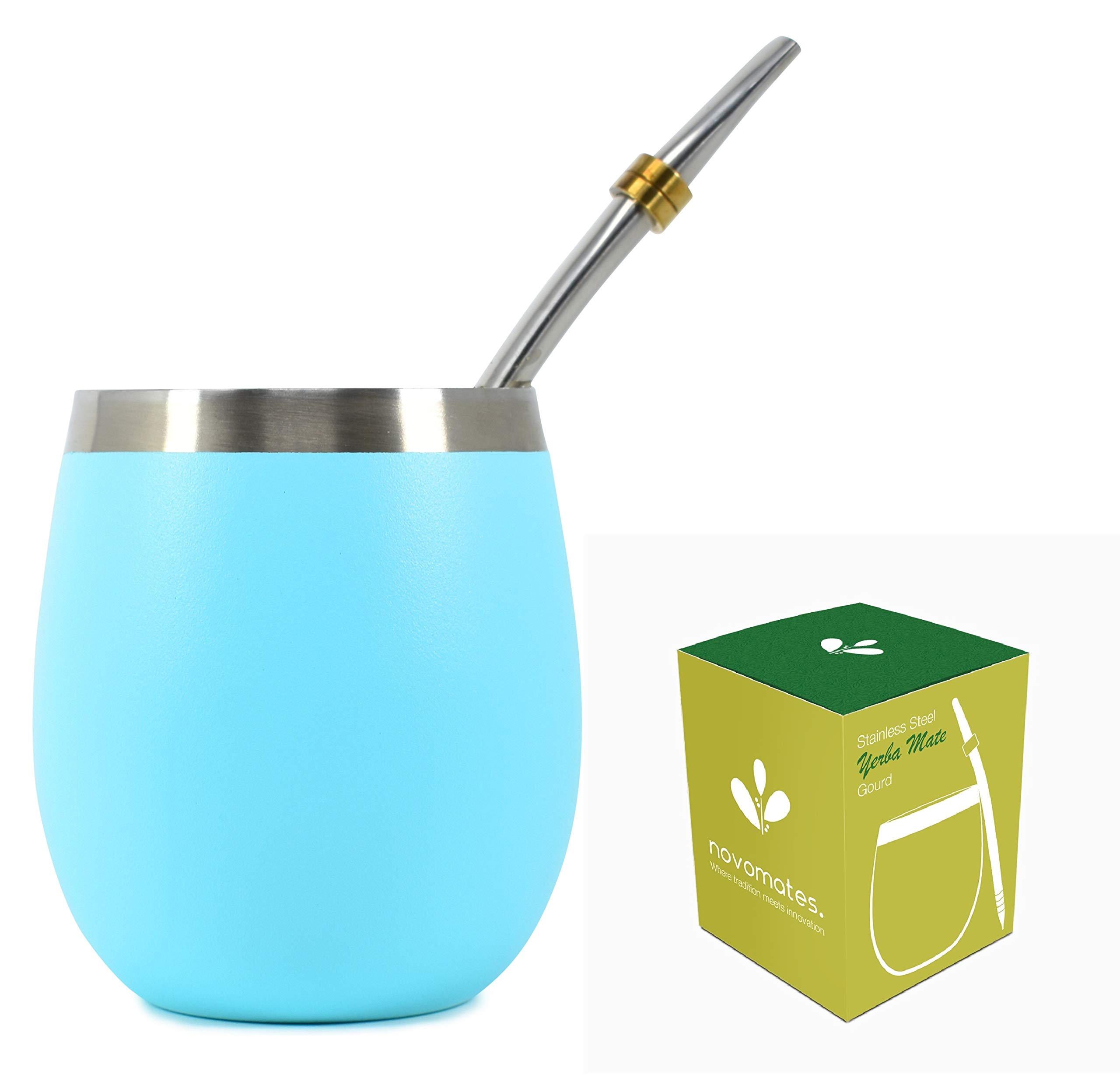 Novomates Yerba Mate Cup and Bombilla Straw - Double Wall Stainless Steel Mate Gourd - 8oz (237ml) - Teal