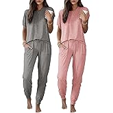 Ekouaer 2 pack Pajama Sets for Womens Jogger Pants Pjs Short Sleeves Lounge Set Soft Sleepwear with Pockets