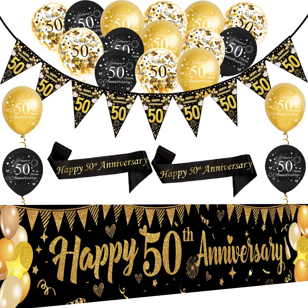 Black Gold 50th Wedding Anniversary Decorations Kit,Happy 50th Anniversary Yard Banner,Sash,Banner Bunting Flags,18Pcs Latex Balloons for Women Men 50 Year Party Supplies