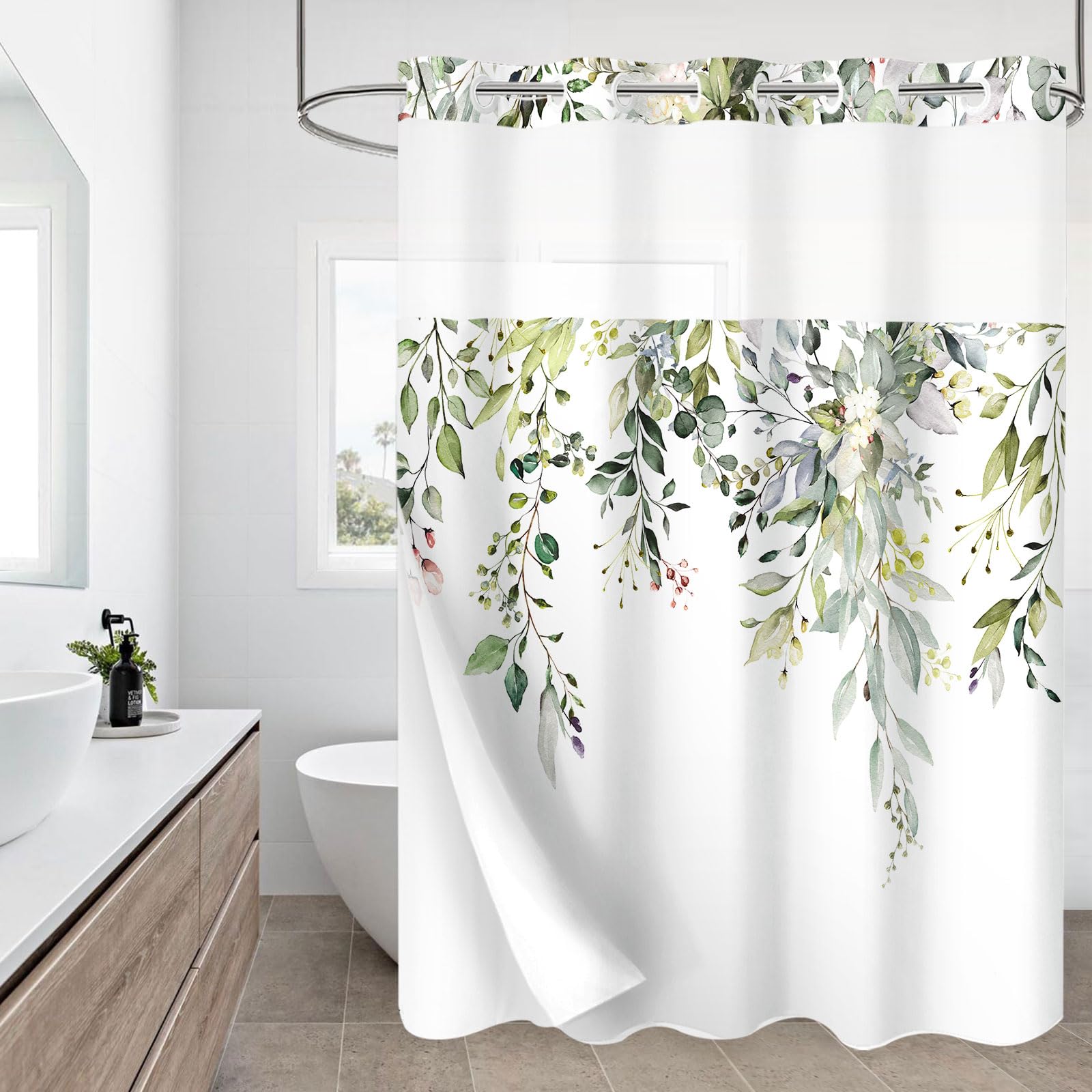 Photo 1 of **Similar item**
Gibelle Extra Long No Hook Shower Curtain with Snap-in Fabric Liner Set - 72" x 86"(84"), Hotel Style Sage Green Eucalyptus Leaves Shower Curtain with See Through Top Window, Waterproof & Washable