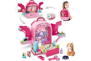 MAGIC4U 3 in 1 Pet Care Carrier Backpack Playset,82PCS Cat Figurines Toys for Kids,Vet Clinic and Doctor Kit for Kids, Pet Veterinarian Medical Role Pretend Play Set for Boys and Girls Ages 3-8