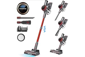 UML0 S3 Cordless Vacuum Cleaner, 45kPa Powerful Stick Vacuum, LED Display, 55-Min Runtime Rechargeable Cordless Vacuum, Free-Standing, Vacuum Cleaners for Home Pet Hair Carpet Hard Floor (Red)