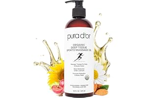 PURA D'OR 16 Oz Organic Deep Tissue Sports Massage - Jojoba, Sunflower, Almond, Grapefruit & Eucalyptus Oils - Alleviate Muscle Soreness