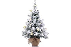 TOPRO Pre-Lit Artificial Mini Christmas Tree,20 Inch Snow Flocked Small Pine Xmas Tree with 40 LED Lights,70 Branch Tips,Battery Operated Tabletop Christmas Tree Burlap Base-(50cm)
