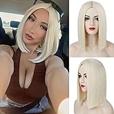Tereshar Platinum Blonde Wig for Women Short Straight Bob Without Bangs Middle Part Shoulder Length Heat Synthetic Colored Wigs for Daily Party Costume Cosplay Halloween Use(12 inches)