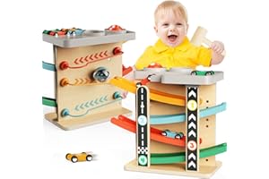 AMAZINGJOY 2-in-1 Pound Ball Toddler Toy Wooden Car Ramp Race Track Ball Drop Baby Toy Set Gift for 1 2 3 Year Old Boys Girls Montessori Developmental Learning Activity Interactive Cause Effect Birthday Present