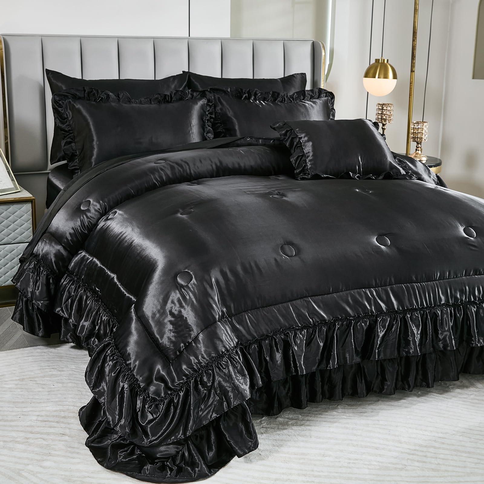 Photo 1 of Black Satin Comforter King Size,Ruffle Bedding Set,Silk Like Satin King Comforter Set with Sheets,Silky Black Bedding Bed in a Bag,Soft Smooth Satin Sheets,8 Pcs Ruffled Luxury Comforter Set