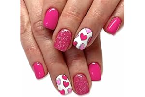 DULYORK Valentines Fake Nails Square Press On Nails Short Pink Nails Press Ons With Heart Glitter Designs Acrylic False Nails Full Cover Valentine’s Day Glue On Nails Stick On Nails For Women Girls
