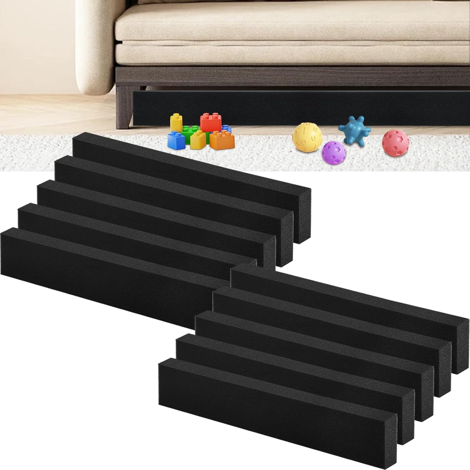10 Pack Under Couch Blocker, Sponge Under Furniture Blocker, Under Bed Toy Blockers for Furniture with 30 Pcs Fastener, Prevent Things Going Under Bed or Sofa, Easy to Install (16.5 * 3.1 Inch)