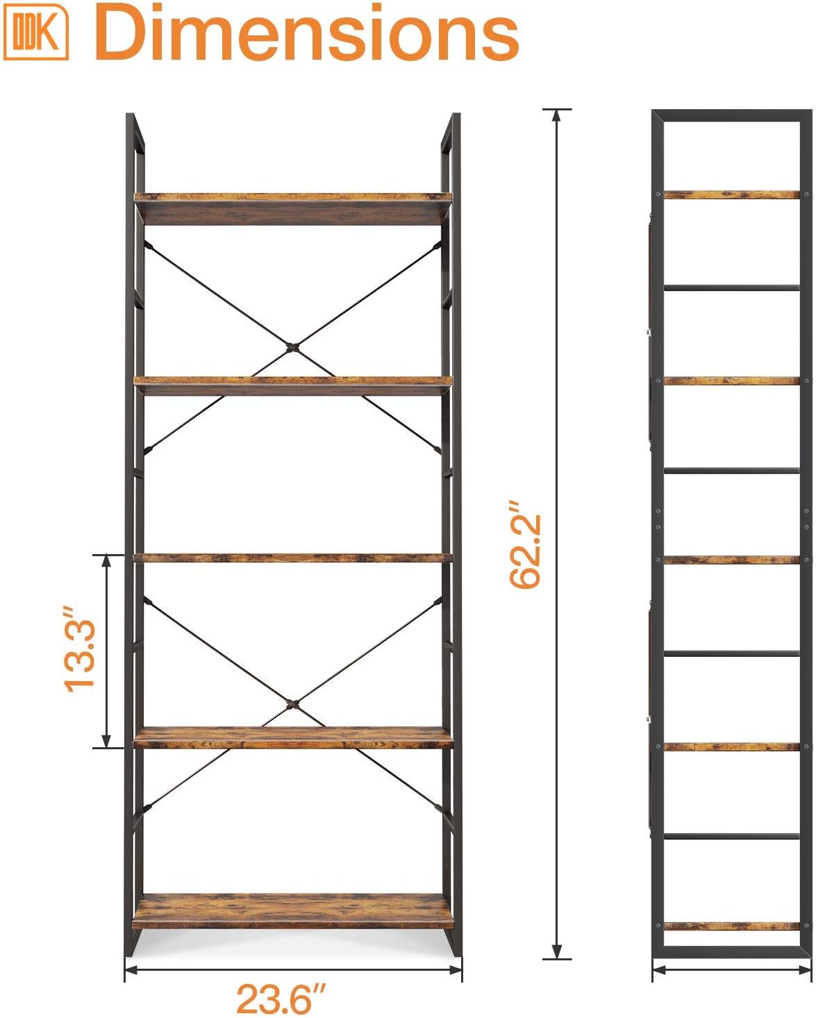 ODK Bookshelf, 5 Tier Tall Bookcase Shelf, Free Standing Units, Modern Book Shelf for Bedroom, Living Room and Home Office, Rustic Brown: Kitchen & Dining