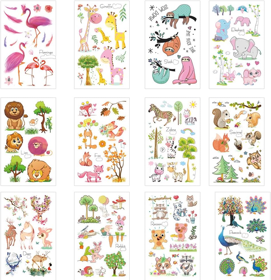 Finrray Zoo Temporary Tattoos for Kids Cats Lions Zebra Sloth Giraffe Flamingos Elephant Elk Jungle Animal Cartoon Face Stickers for Girls Boy Children Body Art-12 Sheets