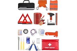 itanso 112 pcs Roadside Car Emergency Set, Safety Assistance Tool Kit, including Jumper Cables, Tow Strap Ropes, Reflective Safety Warning Triangle & Vest, Glass Breaker Hammer (Black Bag)