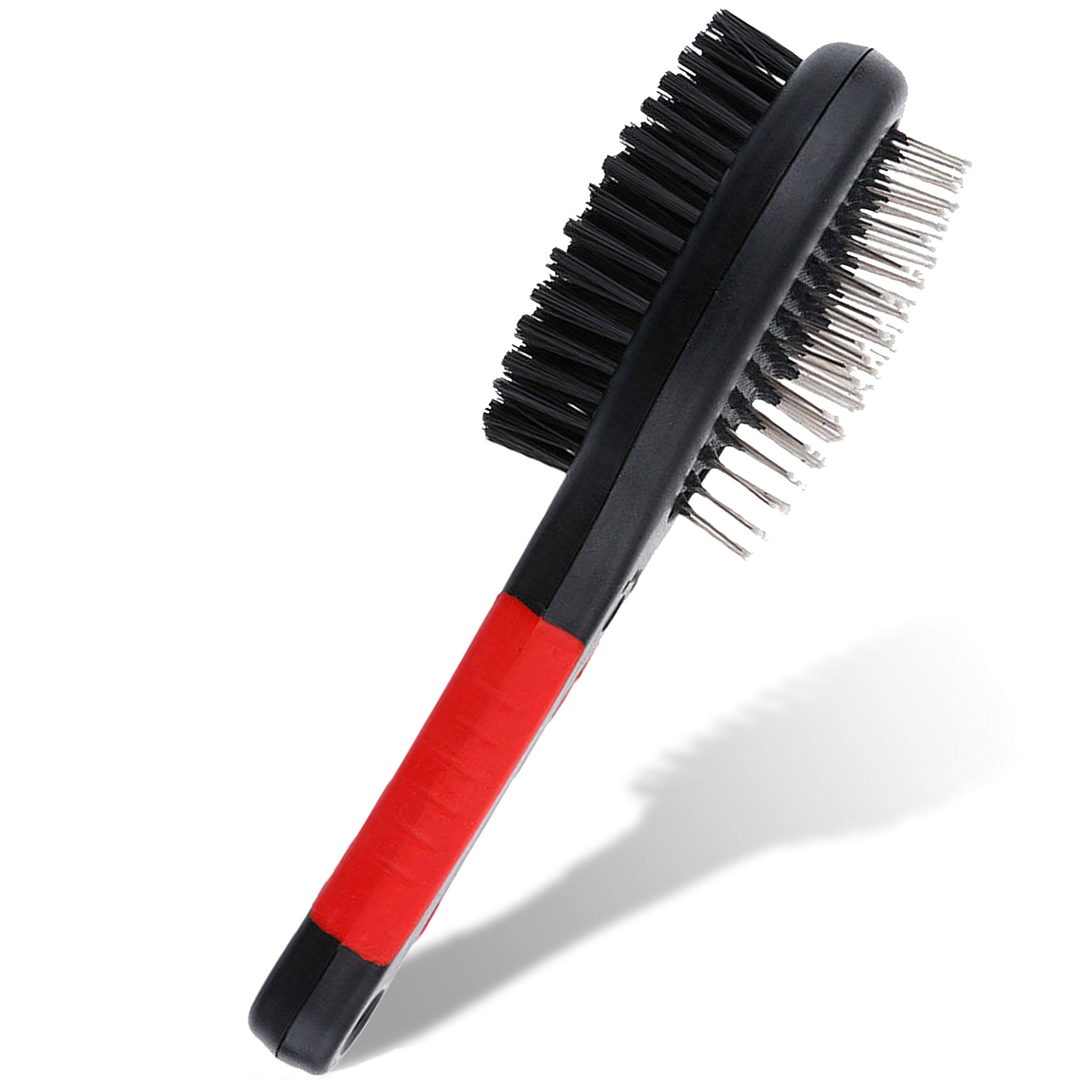 2 in 1 - Double Sided Pet Brush - Cat & Dog Grooming Kit - Hair Remover Brush, Bath Accessories, Detangling - Brushes for Lint, Carpet, Furniture (Red)