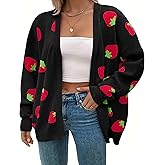 SECRETEYARD Women's Plus Size Strawberry Floral Print Long Sleeve Open Front Knit Cardigan Sweater