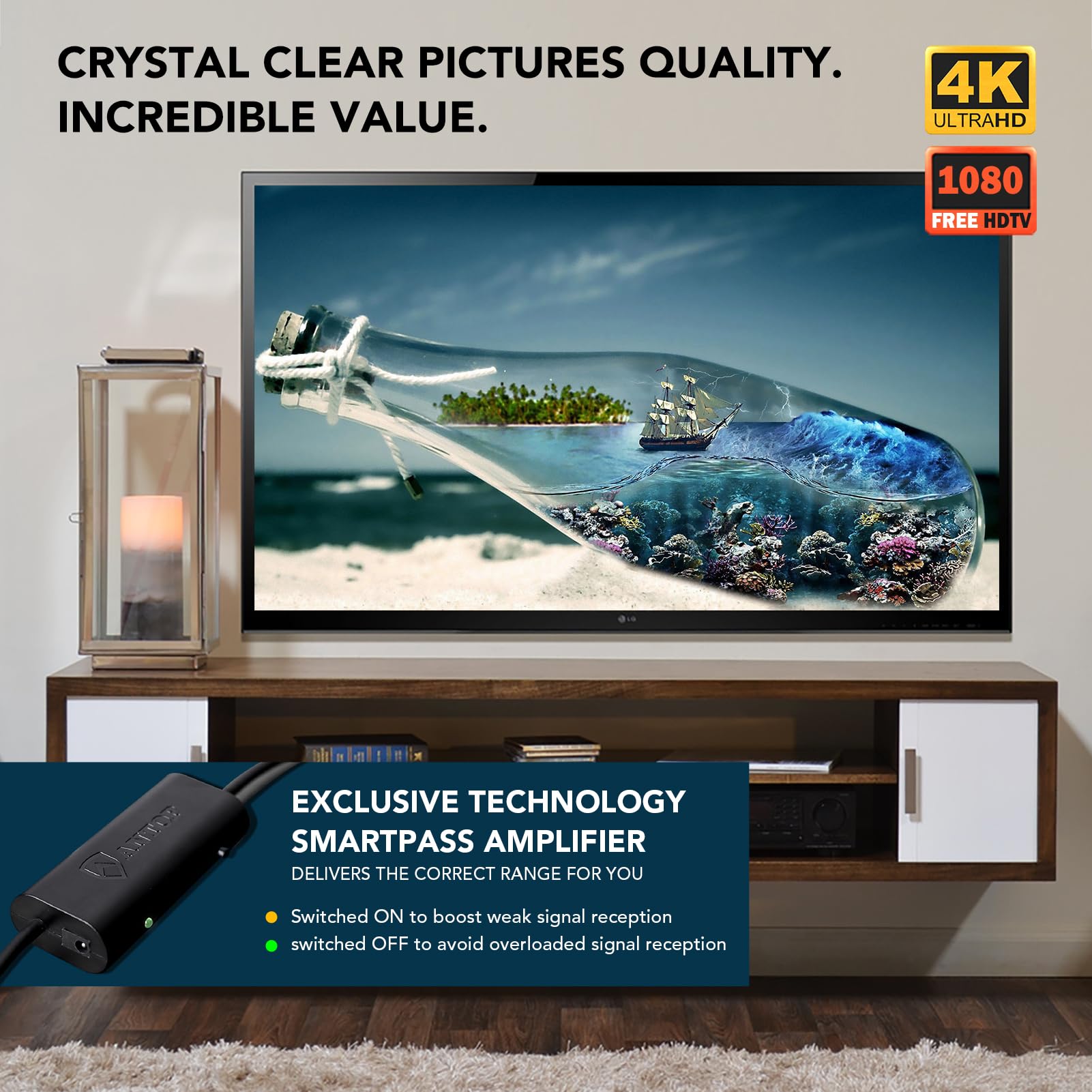 PL-414BG HDTV Antenna UFO 360° Omni-Directional Reception with Smartpass Amplifier & Built-in 4G LTE Filter, Enhanced VHF &UHF Signal, Fit Outdoor/RV/Attic Use (4K UHD Ready)