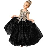 Formal Girls Tulle Long Pageant Dresses Prom Ball Gown Gold Lace Beaded