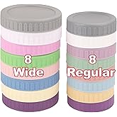 [16 Piece]8 Wide Mouth + 8 Regular Mouth Mason Jar Lids, Multi Color Plastic Lids for Mason Jars with Silicone Rings, Thicken