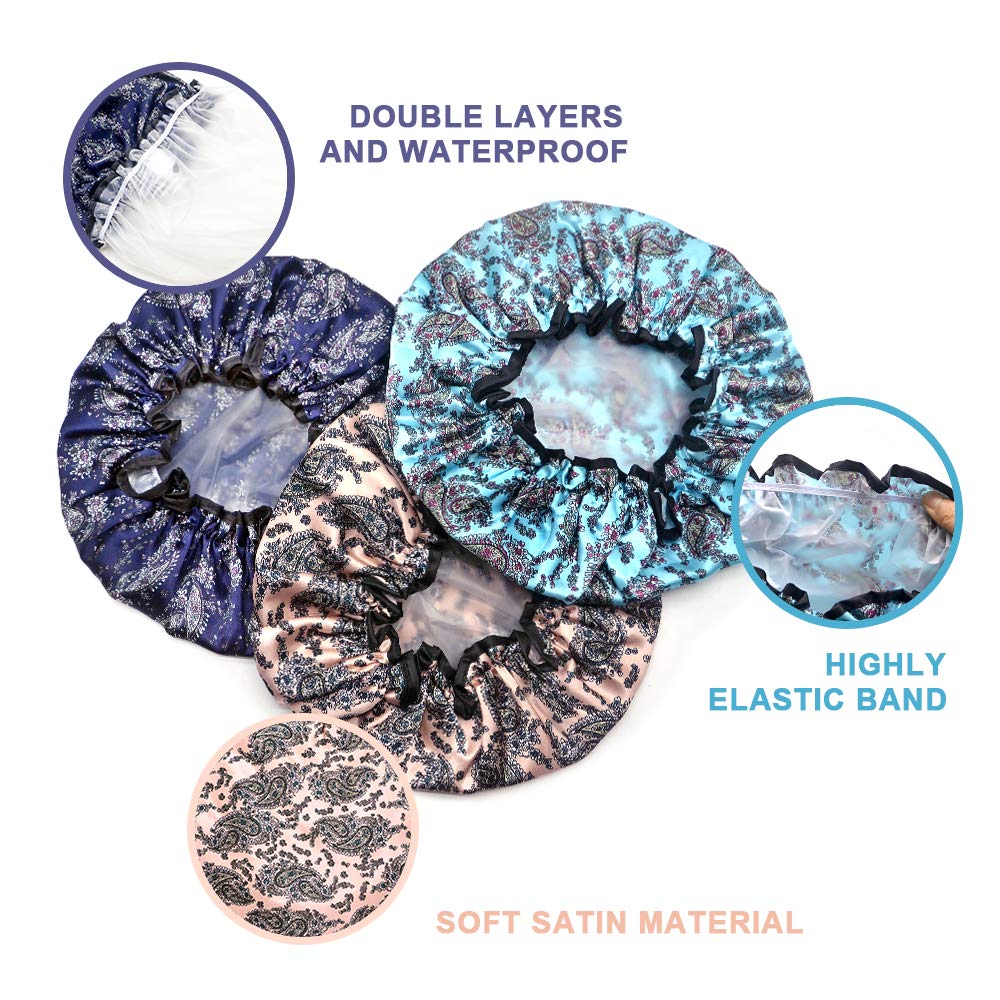 Luckindom Shower Caps, 3 Pack Extra Large and Double Layered Waterproof Bath Cap for Women and Girls, Adjustable and Reusable Shower Hat and Bonnet for Hair Protection (Type 2) : Beauty