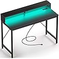 Rolanstar Computer Desk 39 inch with LED Lights & Power Outlets, Home Office Desk with Monitor Shelf, Gaming Desk, Writing Desk, Study Desk for Student & Kids, Carbon Fiber Surface Black