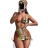 COZYEASE Women's 4 Piece Swimsuits Sexy Bikini Sets Triangle Bathing Suit with Mesh Cover Up Beach Skirt & Bandana