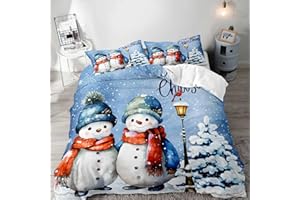 LUVIVIHOME 3PCS Christmas Snowman Duvet Cover King Bedding Set, Light Blue Duvet Cover, Boys Girls Kids Bedding, Red Bird Holiday New Year Xmas Gifts Christmas Comforter Quilt Cover, 2 Pillow Cases