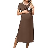 OUGES Womens 2025 Summer Short Sleeve Maternity Dress V Neck Split Long Midi Nursing Dresses Breastfeeding Casual Pregnancy Must Haves Outfits with Pockets(Coffee,S)
