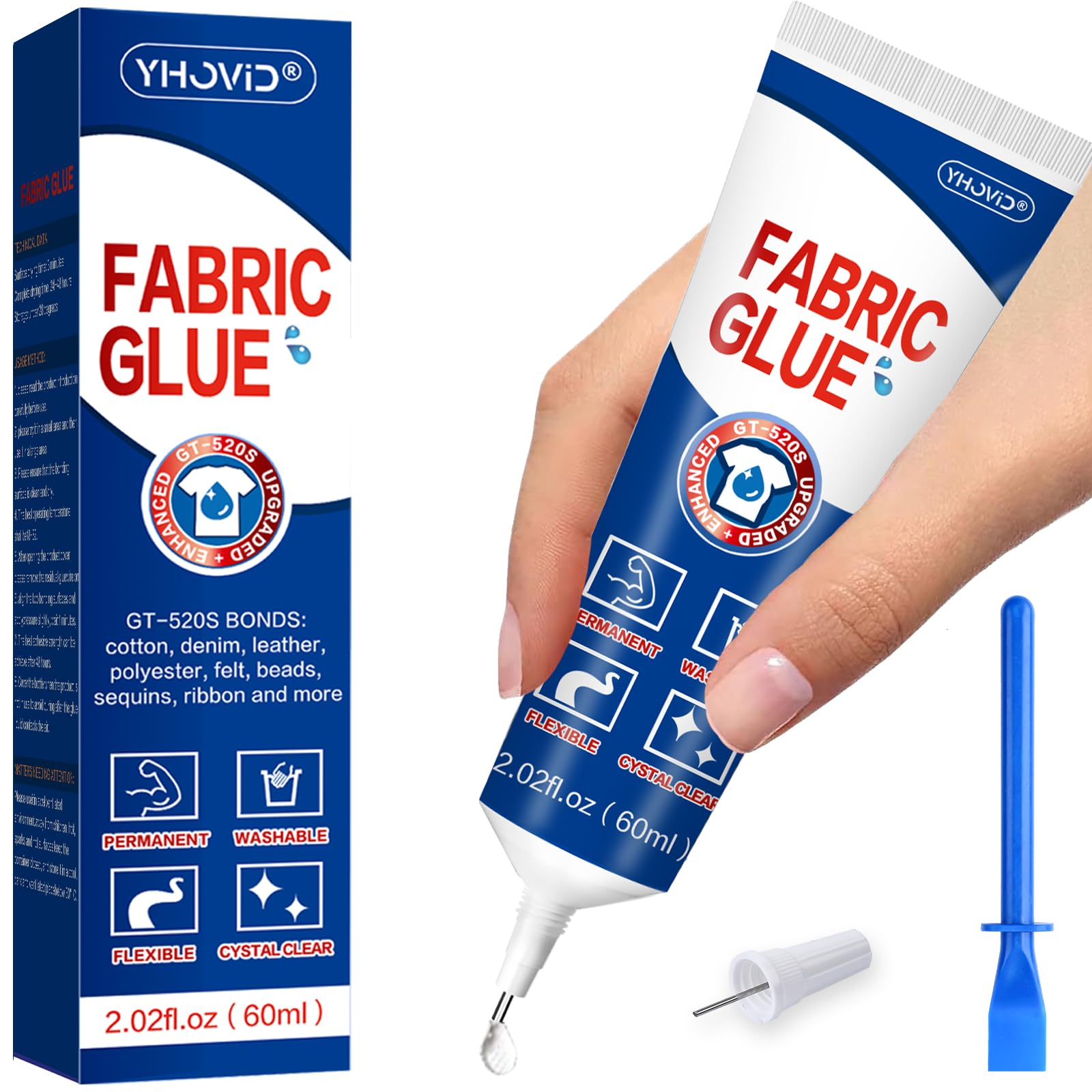 Fabric Glue for Clothing Permanent Washable, 60ML Liquid Stitch, Fabric Adhesive, Anti-Fray Check, Super No-Sew Clear Fusion Glue for All Patches, 24 Hour Dry and Waterproof