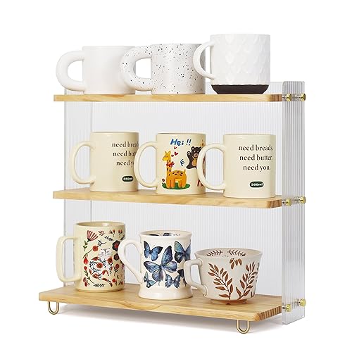 KAOTGOT Coffee Mug Holder Wooden Cup Station Organizer 3 Tier Cup Holder for Coffee Bar Mug Display Rack for Countertop Mug Holder Shelf for Home Kitchen Pine Wood
