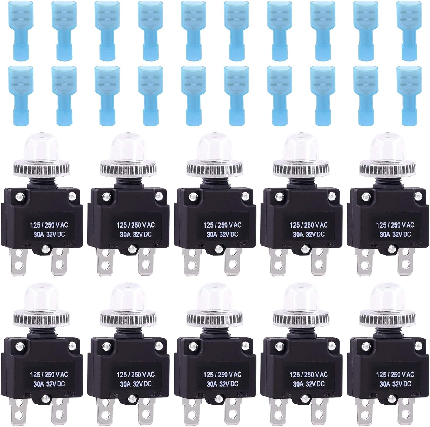 Glarks 30Pcs 30 Amp Circuit Breakers Thermal Overload Protector Switch with Manual Reset 32VDC, AC125-250V With Quick Connect Female Spade Terminal and Waterproof Button Caps - - 