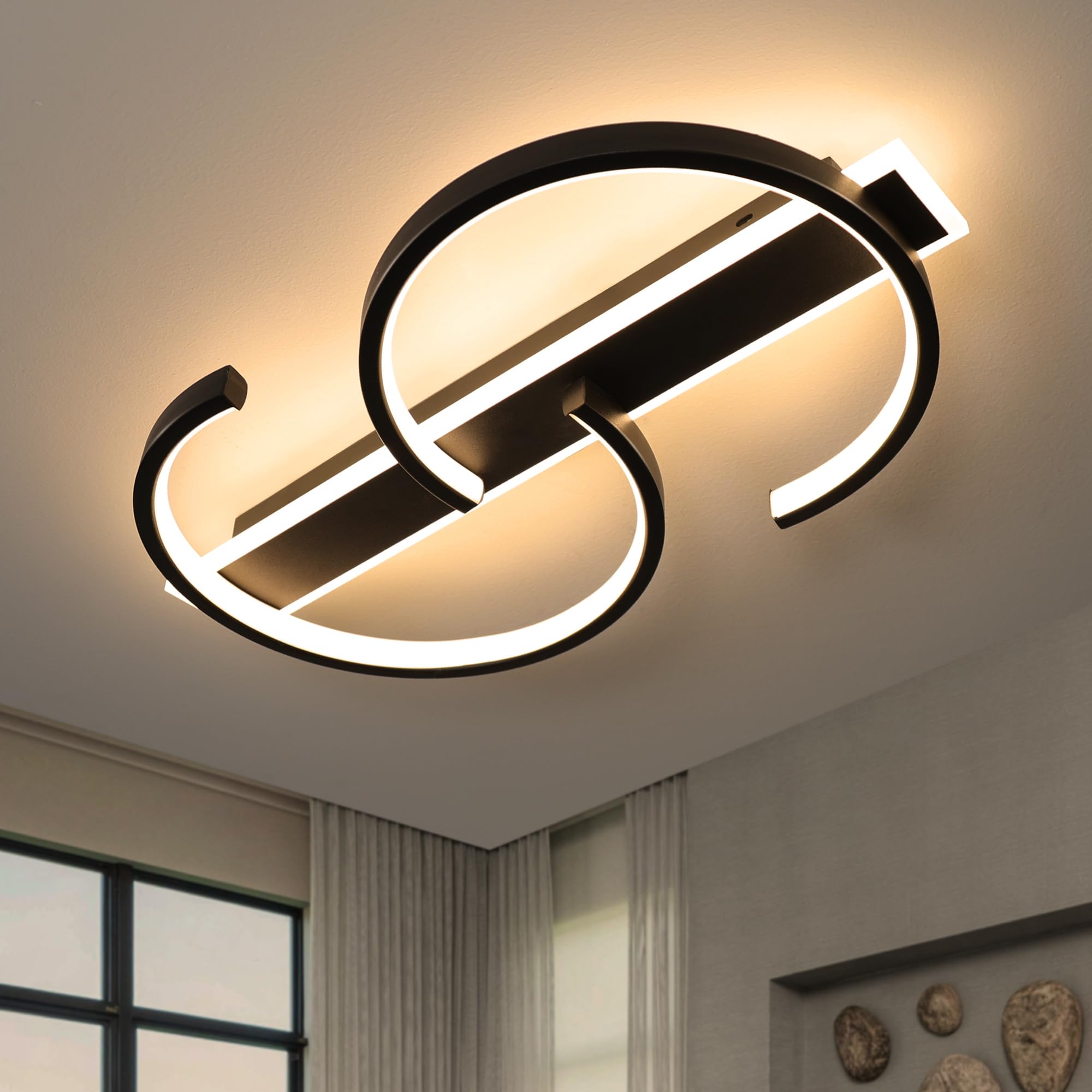 LUOLONG LED Ceiling Light dimmable Ceiling lamp Black Living Room lamp 45W with Remote Control 2-Ring Circle Ceiling Light Bedroom lamp Study Office Modern led Ceiling lighting-50cm Schwarz