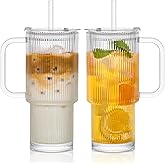 INSETLAN 26oz Ribbed Glass Tumbler with Handle & Lid – 2-Pack Large Iced Coffee Cups with Straws, Modern Glass Mug for Cold & Hot Beverages, Aesthetic Travel Cup for Smoothies, Tea, and Juice