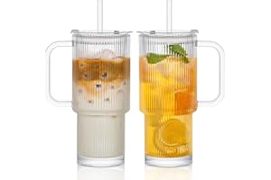 INSETLAN 26oz Ribbed Glass Tumbler with Handle & Lid – 2-Pack Large Iced Coffee Cups with Straws, Modern Glass Mug for Cold &