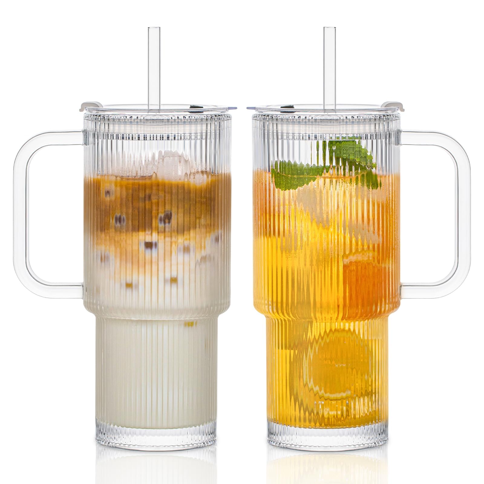 Photo 1 of ONLY A 1 PACK NOT 2 -----------------------------------INSETLAN 26oz Ribbed Glass Tumbler with Handle & Lid – 1-Pack Large Iced Coffee Cups with Straws, Modern Glass Mug for Cold & Hot Beverages, Aesthetic Travel Cup for Smoothies, Tea, and Juice