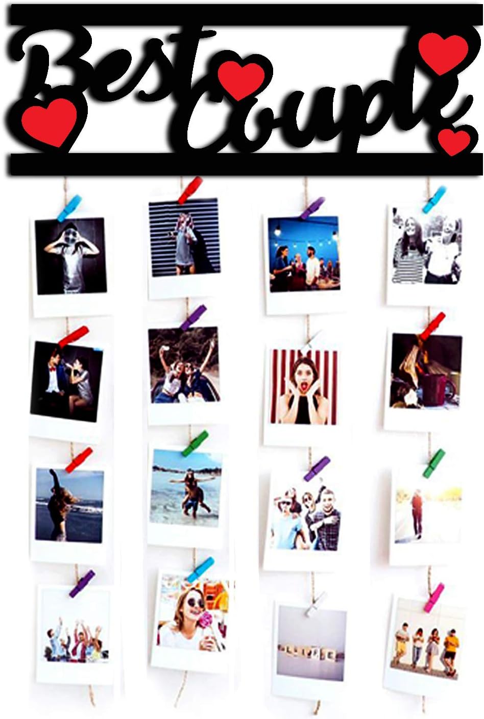 Vah Wood Hanging Photo Display Picture Frame Collage Organizer with Clips - Best Couple (Multicolor)