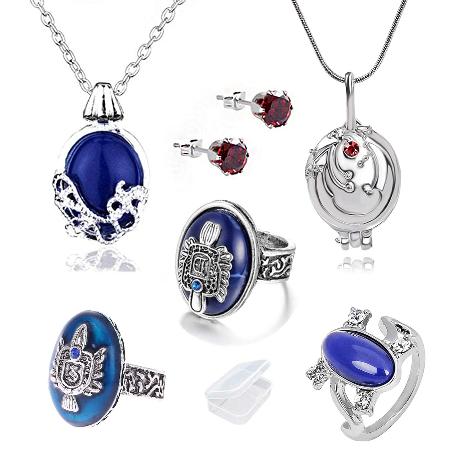YouU Vampire Diaries Jewelry Set - 6pcs Blue, Red & Transparent Diamond Stud Earrings, Necklaces & Rings - Women's, Girls' Gothic-Modern Vampire-Inspired Accessories