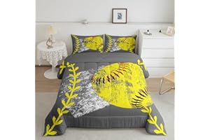 Erosebridal Softball Comforter Twin,Softball Bedding Sets for Kids Teens Girls,Grunge Yellow Grey Sports Bedding for Boys,Softball Gift,Ball Game Down Comforter with 1 Pillowcase Bedroom Decor