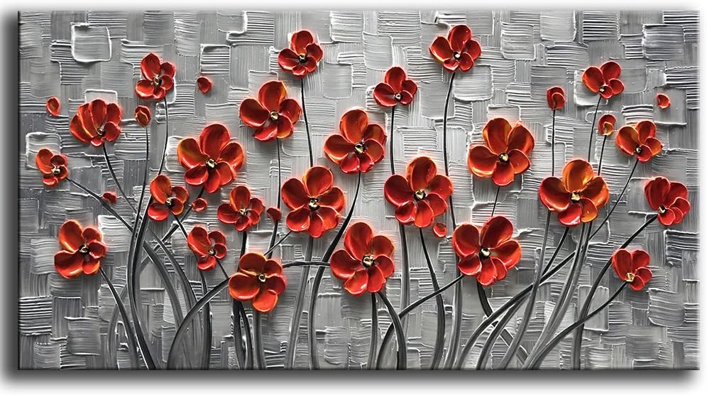 Paintings - YaSheng Art - Hand painted 3D Oil Paintings On Canvas Red Flowers Paintings Modern Home Decor Abstract Artwork Canvas Wall Art Paintings,Stretched and Framed Ready to Hang 24x48inch