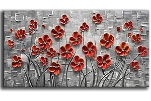 YaSheng Art - Hand painted 3D Oil Paintings On Canvas Red Flowers Paintings Modern Home Decor Abstract Artwork Canvas Wall Art Paintings,Stretched and Framed Ready to Hang 24x48inch