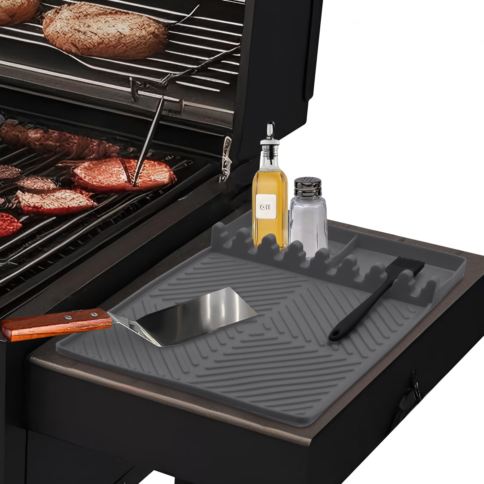 Yiomxhi Silicone Griddle Tools Mat, Spatula Mat Grill Side Shelf Mat for Grill Tools, BBQ Utensils Rest with Drip Pad for Kitchen Cooking Countertop, Grey