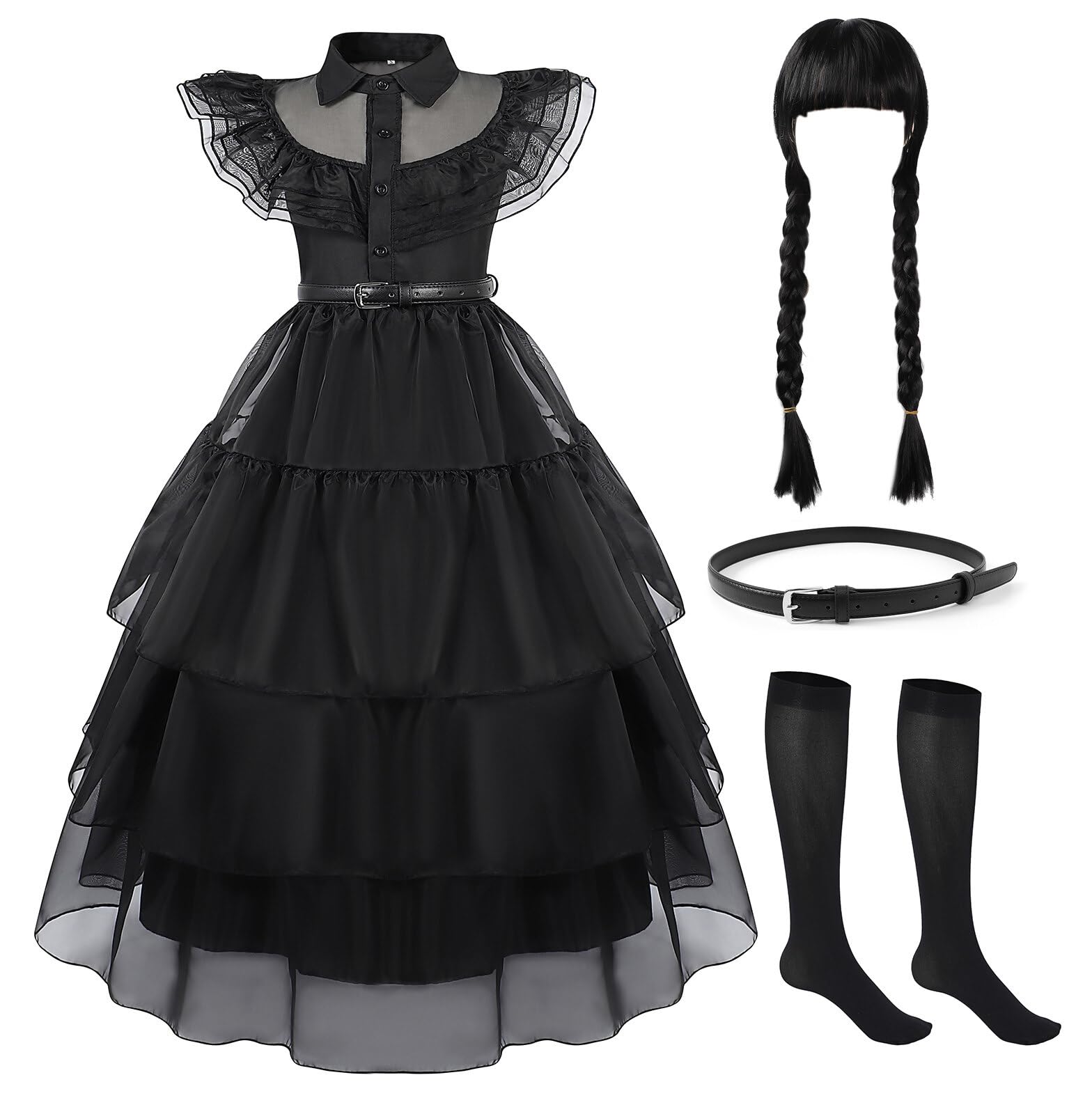 Berich Princess Black Dress with Socks and Wig Kids Halloween World Book Day Costumes for Girls Gothic School Fancy Dress Family Thing Outfit Halloween Black Costume 3-4 Years,110