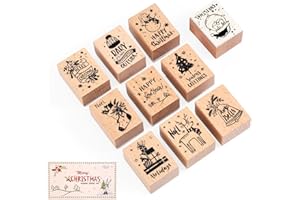 10pcs Christmas Rubber Stamp Set, Merry Christmas Wooden Rubber Stamp Easy to Use Vintage Stamping for Party Gift Decor Scrap