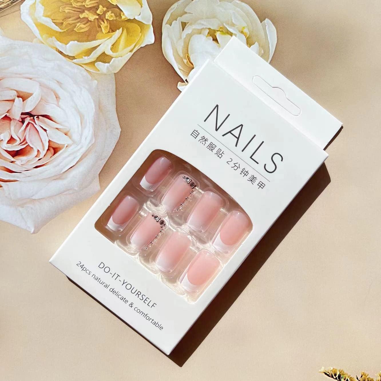 24 Pcs French Tip Square Press on Nails with Rhinestones & Flowers - Glossy Full Cover False Acrylic Nails for Women & Girls - Image 6