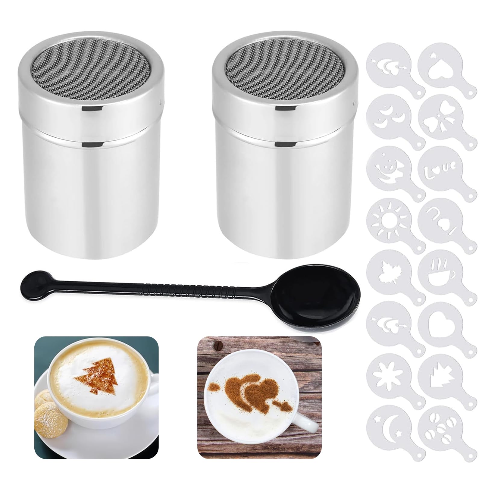2 Pcs Chocolate Shaker for Cappuccino Seasoning Sugar Spice Shaker Sifter Stainles Steel Salt Coffee Dispenser Duster Cinnamon Flour Shaker for Baking for Kitchen with 16 Printing Moulds Stencils