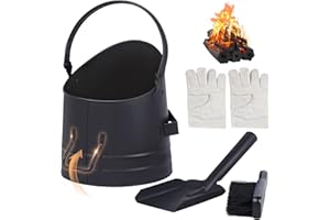 NATURAL EXPRESSIONS Black Fireplace Ash Bucket, Coal Bucket with Shovel,Hand Broom and Heat Resistant Gloves, Metal Buckets Pail Ash Can for Pellet Charcoal Wood Fire Pits