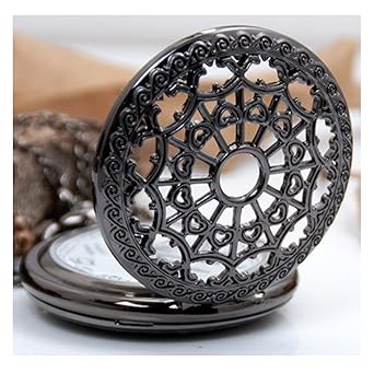 Lmp3Creation Black Classic Vintage Retro Antique Spider Web Net Small Love Heart Shape Round Hole Belt Pocket Watch With Chain For Unisex (Pow-0072)