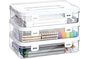 BTSKY 3 Pack Clear Plastic Storage Box with Handle & Flap Lid, Portable Craft Organizers and Storage Box Art Supply Storage Organizer Multipurpose Plastic Sewing Box for Beads Pencils Sticky Notes