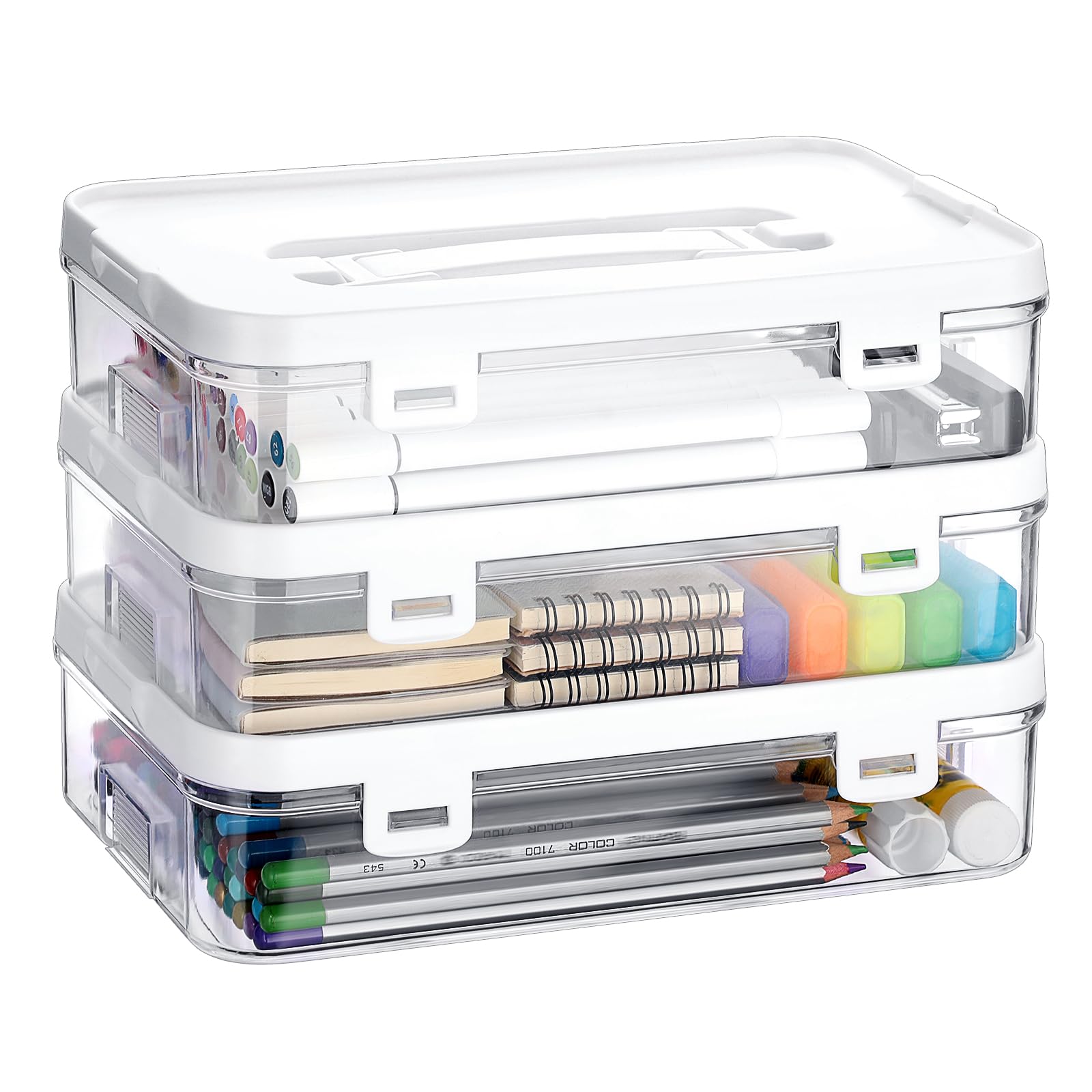 Photo 1 of BTSKY 3 Pack Clear Plastic Storage Box with Handle & Flap Lid, Portable Craft Organizers and Storage Box Art Supply Storage Organizer Multipurpose Plastic Sewing Box for Beads Pencils Sticky Notes