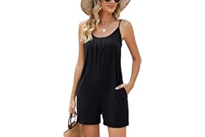 LOMON Womens Casual Summer Sleeveless Romper Loose Adjustable Spaghetti Strap Stretchy Shorts Jumpsuits with Pockets